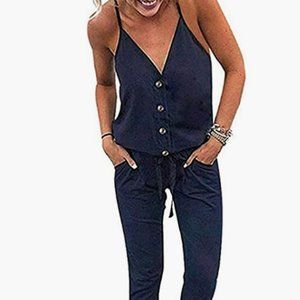 Deep V- Neck Drawstring Waist Jumpsuit (Navy)